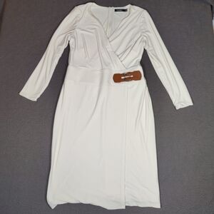 Polo Ralph Lauren Faux Wrap Crepe Midi Dress Cream Buckles Size 12 Black Label